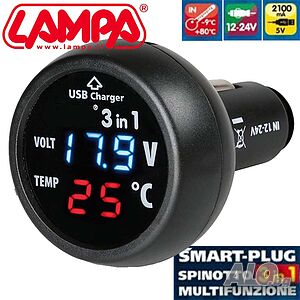 Уникален италиански мини авто компютър LAMPA 3 в 1 волтметър, термометър, USB 2.1A, 12-24V