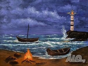 Нощен морски пейзаж с лодки и морски фар маслена картина