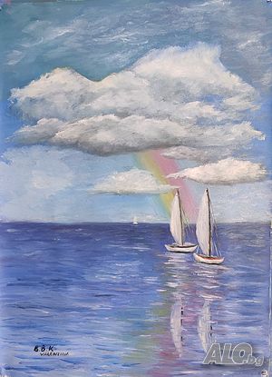 Маслена картина Море, лодки, дъга