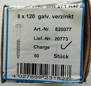 🔩Винт, винтове за дърво с шестограмна глава 8x120 мм, DIN 571,50бр/оп.