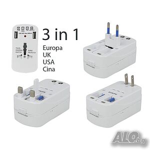Универсален адаптор за контакт с 2 USB - USA, UK, EU, China