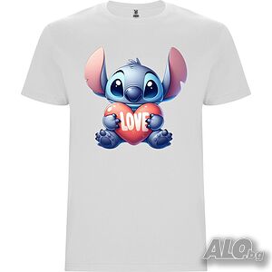 Нова детска тениска с героя Стич със Сърце - Love в бял цвят