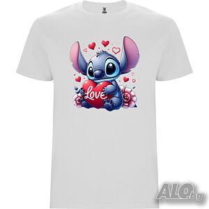 Нова сладка детска тениска с героя Стич със Сърчица - Love в бял цвят