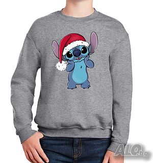 Нова детска ватирана коледна блуза със Стич (Stitch) в цвят сив меланж