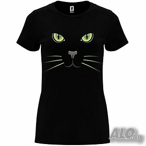 Нова дамска тениска с черна котка и зелени очи