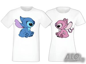 Тениски за двойки Стич и Ейнджъл (Stitch & Angel) в бял цвят