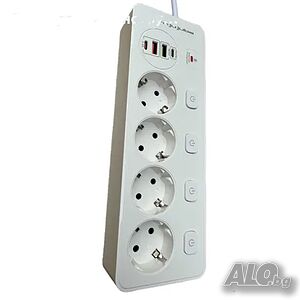 Удължител, защита от пренапрежение, 4 гнезда, 2 USB, 2 Type-C, 3250W, бял, 2 м