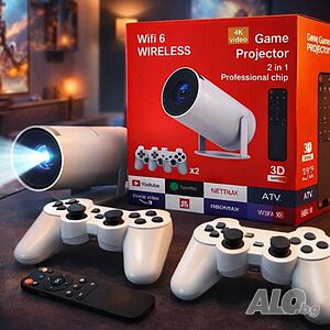 Интелигентен видео проектор 4K с два геймпада, дистанционно управление, Android TV 11 и WiFi 6