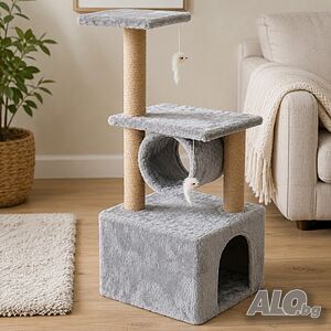 Драскалка за котки XL, 90 см - 4 нива с къщичка, тунел, играчки и сизалови колони