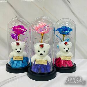 Мече с роза в стъклeница с LED светлинни ефекти и надпис I Love You