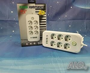 Разклонител Digital One SP00986, 220V, 6 гнезда, 4 USB порта + 2xType C, f019, Бял, 1.5м, 2500W