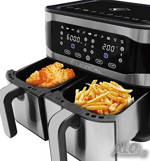 Двоен фритюрник с горещ въздух AirFryer Lexical, 2100 W, Дигитален, Две кошници 9 литра, Тouch Screen