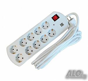 Разклонител с 10 гнезда + 2xUSB, контакт ”шуко”, ключ, бял, 220VAC, 16A, 3x2,5mm2