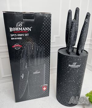 Комплект ножове и стойка Bohmann 6в1, Мраморно покритие, Стомана