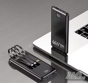 Качествена Преносима Батерия с вградени кабели Powerbank 10000 Mah, 66W