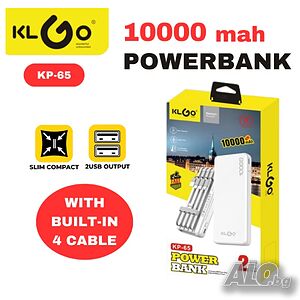 Преносима Външна батерия KLGO KP-65 с вградени кабели, 10000mAh, Powerbank