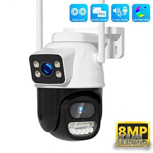 4K 8MP Външна WiFi PTZ Безжична Камера с Двоен обектив ONVIF H.265+ Cam Нощно виждане, Icsee