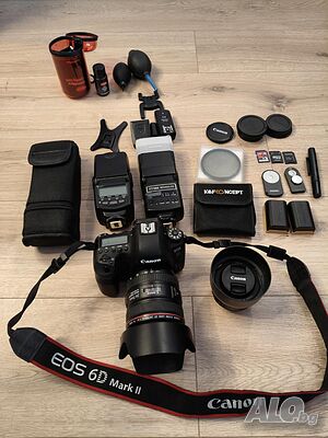 Canon EOS 6D Mark II + обективи + флашове и аксесоари