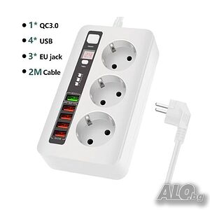 Разклонител 3 гнезда и 5 USB порта, FastCharge, С ключ, 2500W, 10А -таймер