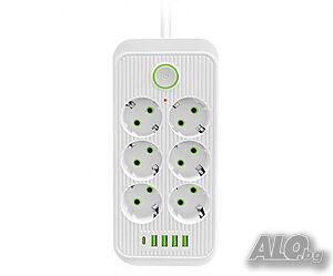 Разклонител 220V с 6 гнезда, 4 USB порта + 2xType C, Digital One SP00985, Бял, 1.5 м, 2500W, с ключ